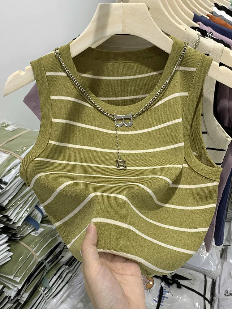 Y2K One size striped knitted small strap vest Summer Wide Shoulder Strap Underlay Top