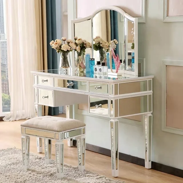 Modern Design Diamond Crush Dressing Table Mirror Set for Living Room Entry Hotel or Apartment MDF Home Furniture
