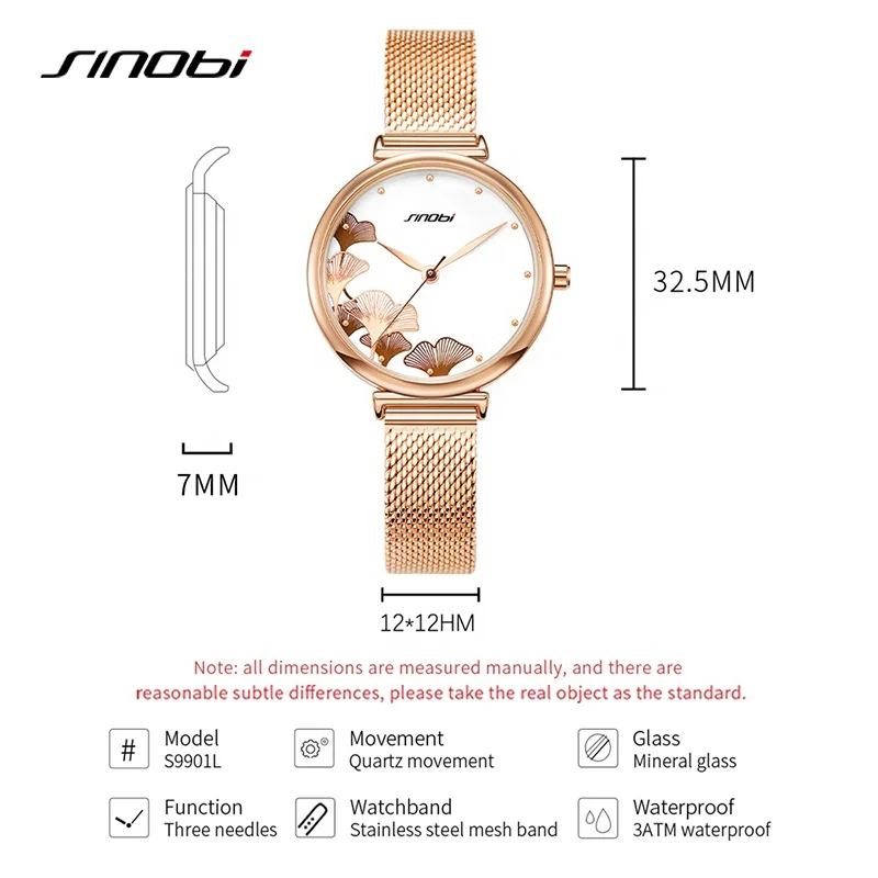Sinobi Vintage Small Dial Women Quartz Watches Luxury Steel Bracelet Rose Gold Ladies Watch For Party Mesh Stainless Steel Band