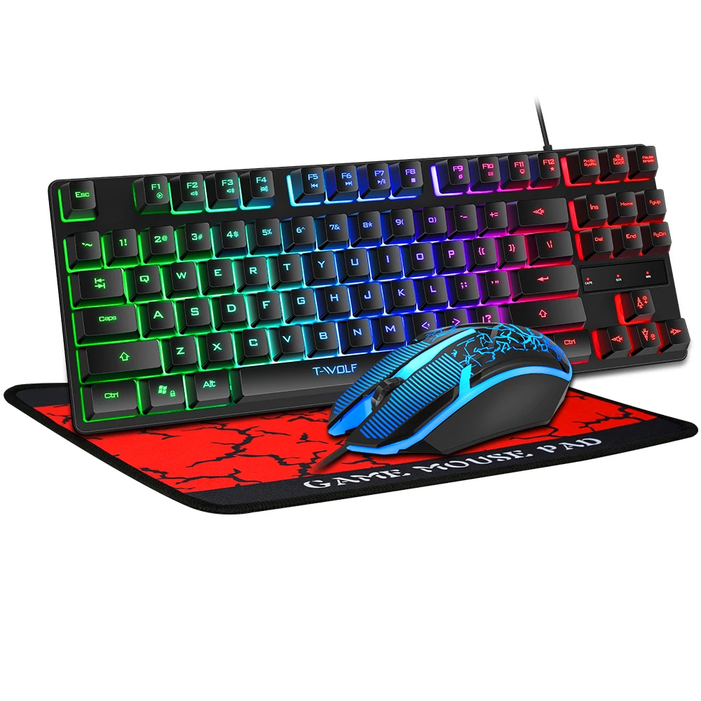 Twolf 87 Key Wired Game Keyboard Mouse and mouse pad 3in1 combo for PC computer gamer RGB LED rainbow light keyboard and Backlit