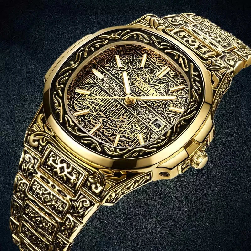 
Onola Brand Watch 3808 Vintage Mens Engraved Metal Alloy Quartz Analog Clock gold watches men luxury Male Military Wristwatch 