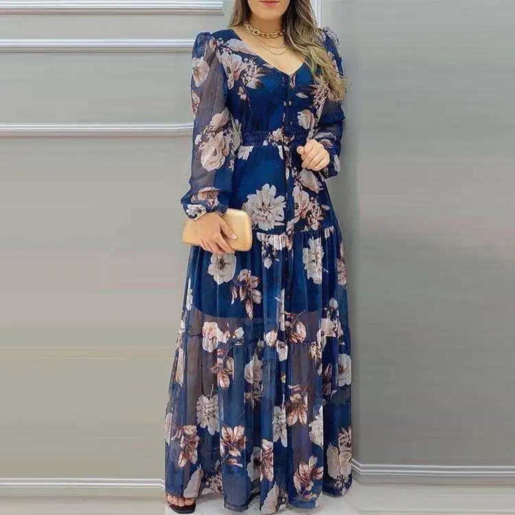 2022 New Arrival Fashion Chiffon Floral Dress Casual V Neck Mesh Print Maxi Dresses Women Elegant Long Dress