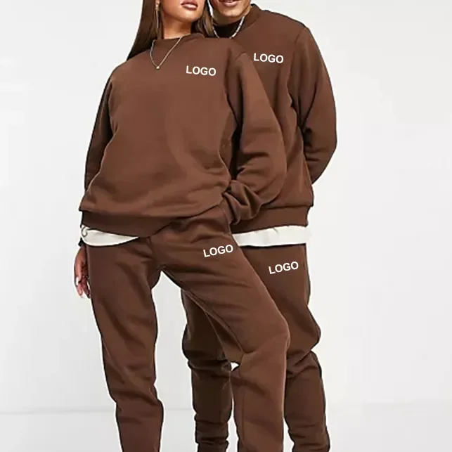 custom men 400gsm hoodies and jogger sets solid logo brown sweatsuit unisex hoody heavyweight cotton tracksuit