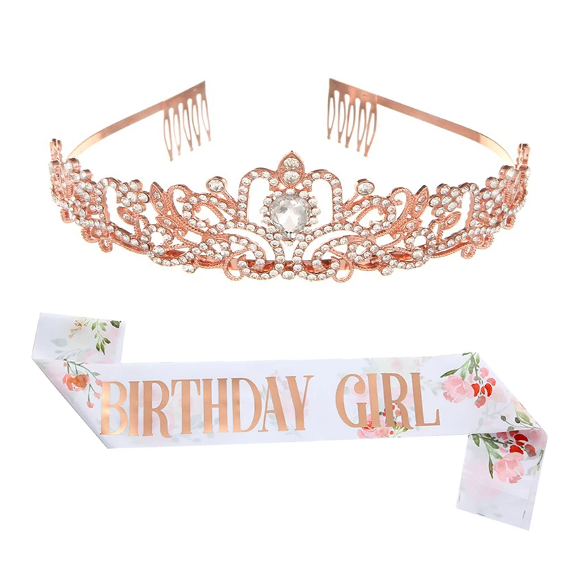 Elegant Princess Crown Birthday Girl Sash Crystal Crown Tiara Glitter Sash For Happy Birthday Girl Queen belt Tiara set