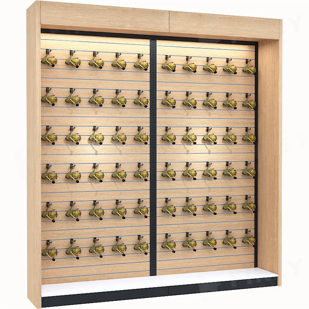 Modern Fishing Tackles Shop Interior Display Design Decoration Customized Wholesale Factory Price Wooden Fishing Rod Rack