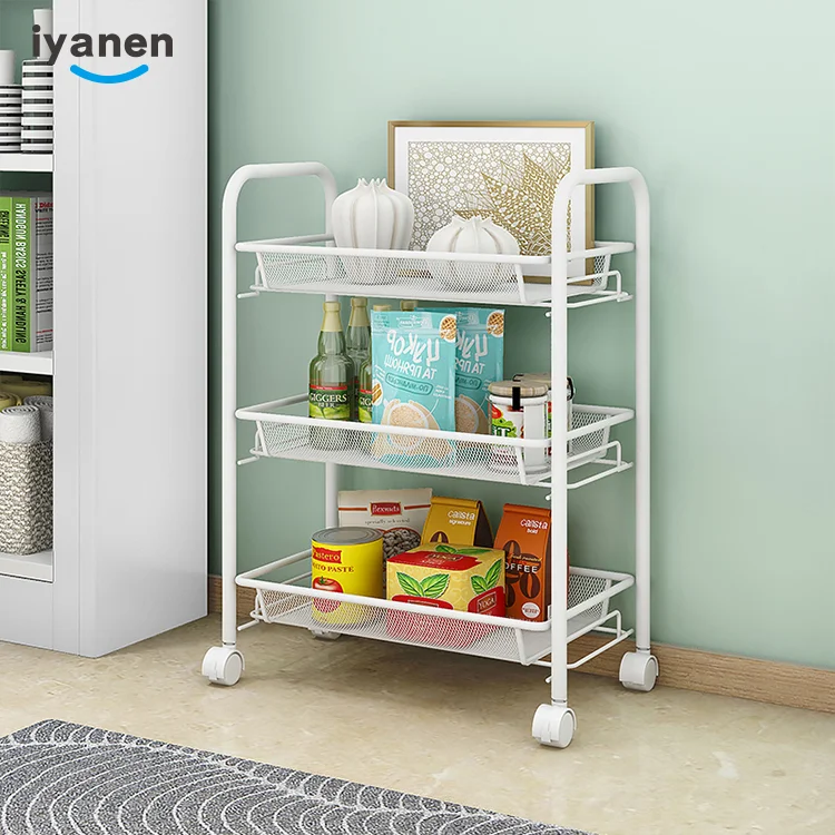 Multi-purpose 3 Tier Movable Home Kitchen Tool Storage Racking Organizer Rolling Utility Trolley Cart with 4 Wheels