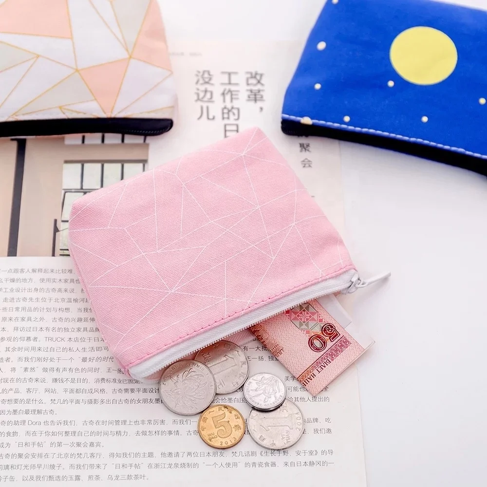 High Quality Custom Cotton Mini Zip Cartoon Logo Style Linen Wallet Canvas Pouch Bag