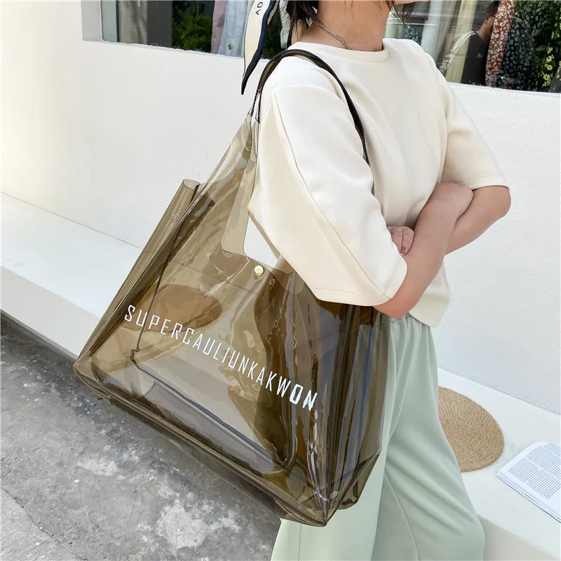 Fashionable Custom Logo Durable waterproof Large Capacity Beach Purple Gray Yellow Shoulder Clear Colored PVC Beach Tote Bag