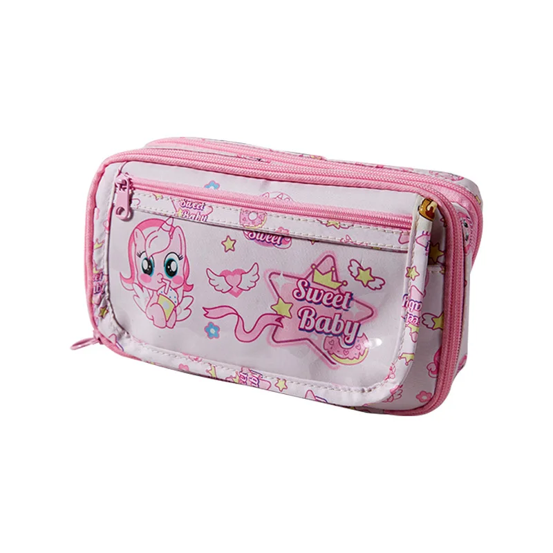 Large capacity pencil case high value transparent interlayer, elementary school students pink cute stationery storage bag