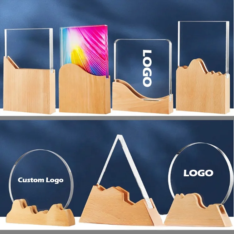 Business Gift Award Wholesale Custom Brand Name Logo Crystal Trophy with Wooden Base