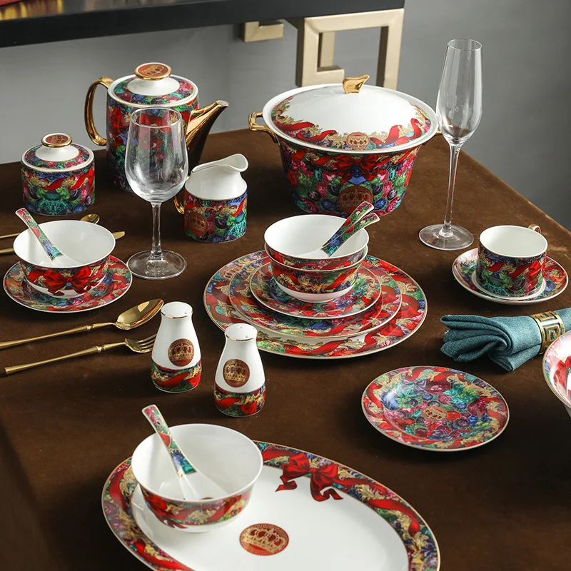 Red christmas bone china 61pcs dinnerware set holiday gift set porcelain tableware dinner set