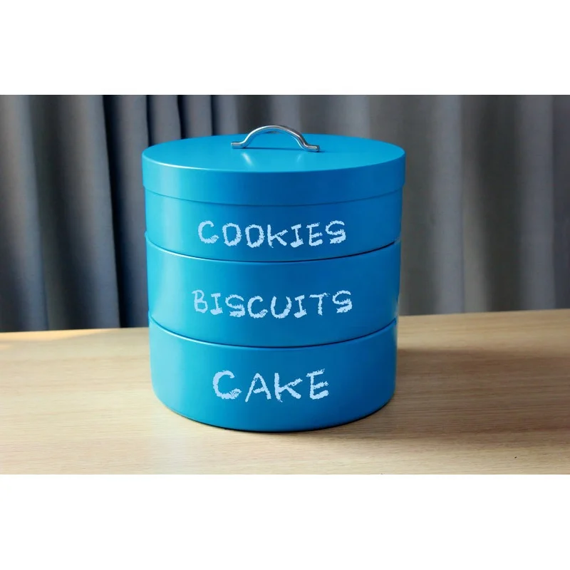 Vintage Food Storage Canister Tin With 3 Layers Galvanized Round Cake Container Metal Cookie Canister