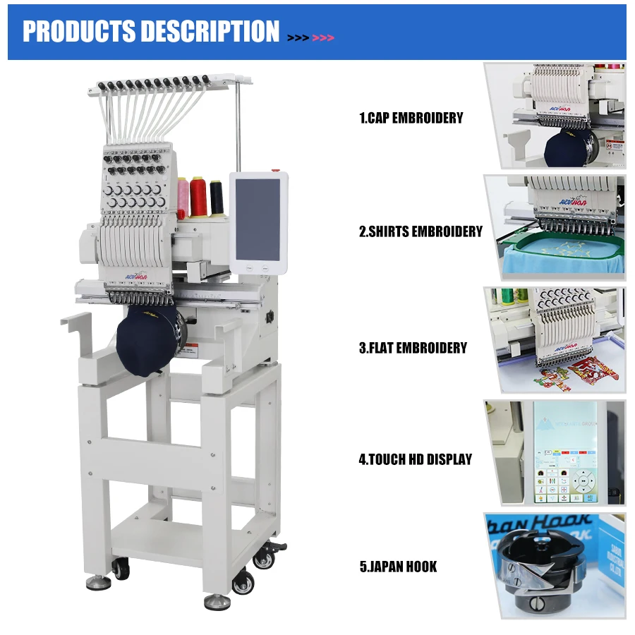QHM High Quality Computer Controlled Single Head Embroidery Machine New Flat Cap Embroidery Type with 9 Needles for Home Use