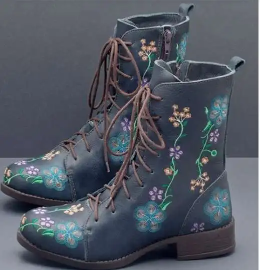 
Latest Stylish Designer Customized Leather Floral Embroidered Chunky Heel Ankle Ladies Boots ankle boots designer boots 