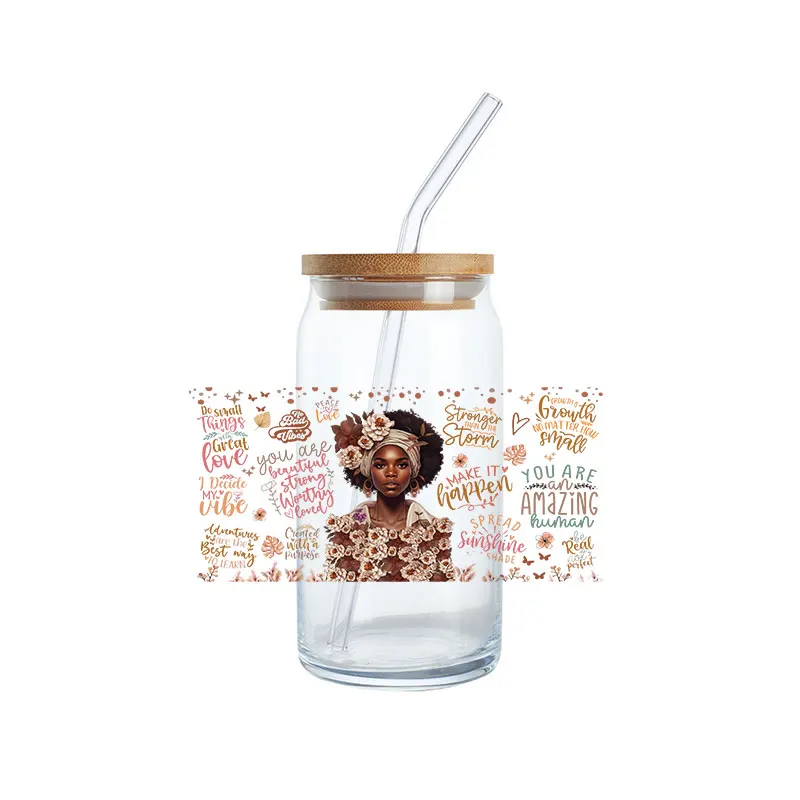 Custom design Self-Adhesive Black Girl UV DTF Cup Mugs cold Wrap film Transfer Stickers for 16oz 20oz Libbey Glass Tumbler