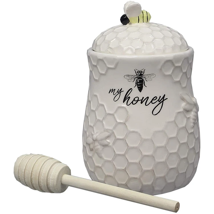 Wholesale bee design ceramic honey jar with dripper , Wholesale Cute Bee Design Ceramic Honey Jar with Dipper and Lid