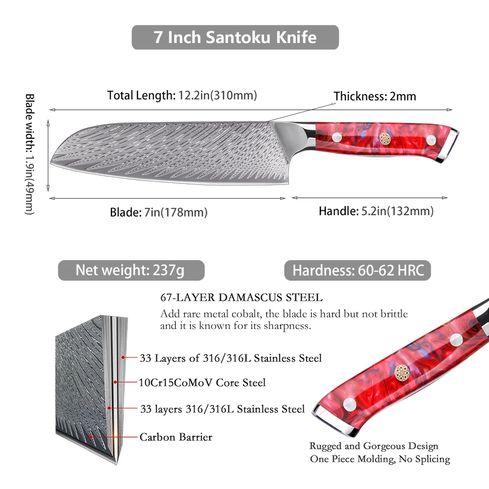 Professional 7 Inch Japanese 67 Layers Damascus Steel Kitchen Knife Santoku Chef Knife with Resin Handle