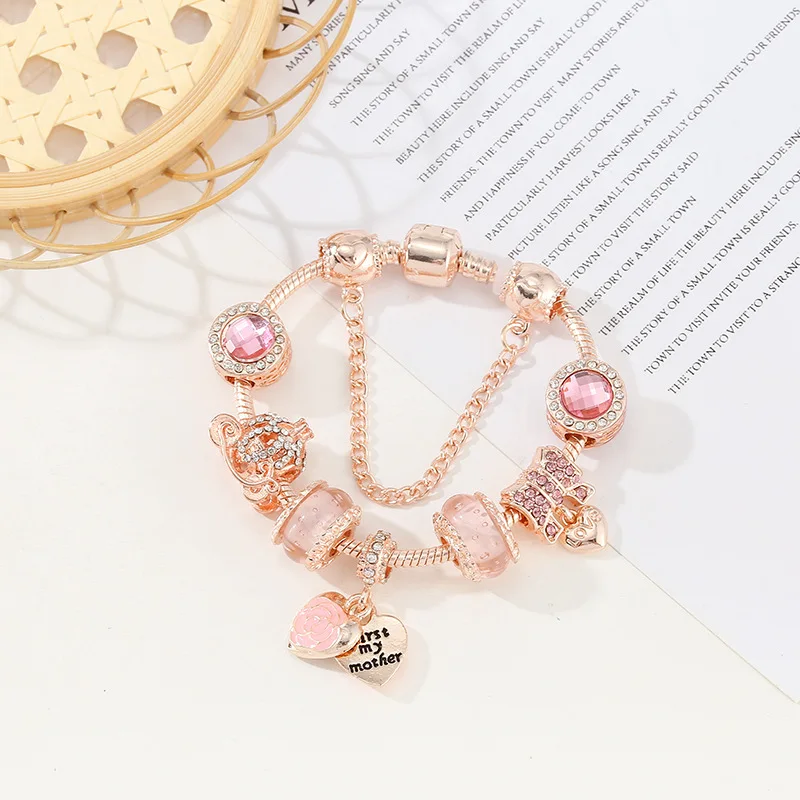 Love Gift to Mom Original charm bracelet  Pink Rose Heart Charm fit Rose Gold Snake Bead Bracelet