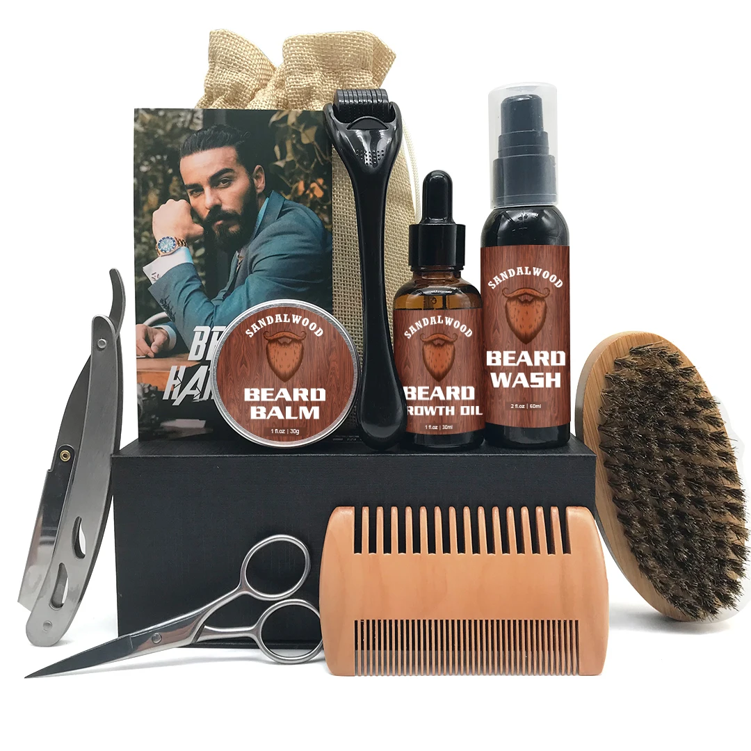 Private label beard kit barba beard growth kit oil balm wooden brush comb men care beard grooming kit