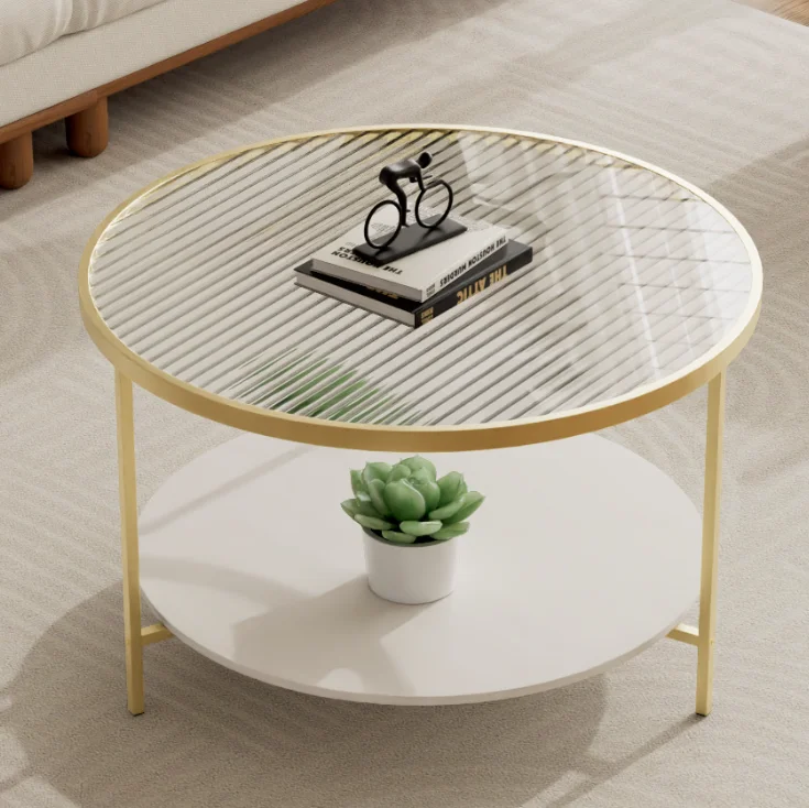 Black Metal Decorative Top Tempered Glass Round Side Table Glass Top 2 Tired Home Decoration Living Room Round Coffee Table