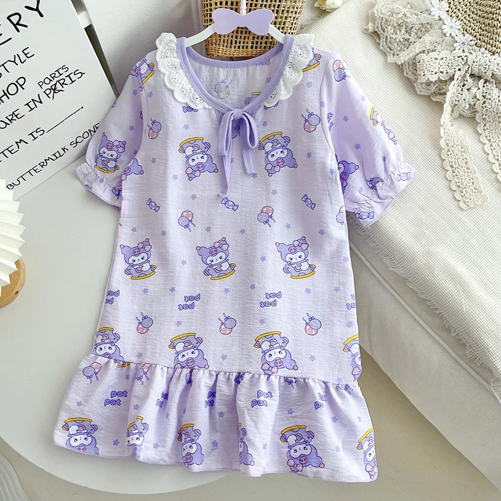Kawaii пижама для девочек аниме Cinnamoroll Kuromi Melody летняя корейская детская одежда с мультяшным принтом кружевной воротник домашняя