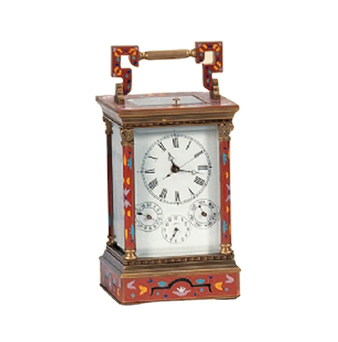 18th French antique Floral Red Cloisonne gilt brass cased 8 Day Repeater Alarm Chiming Calendar Porcelain Carriage Travel clock