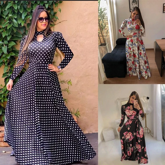 Wholesale 2024 fashion sexy ladies O-Neck long sleeve Women muslim maxi Dresses (C1002-1)