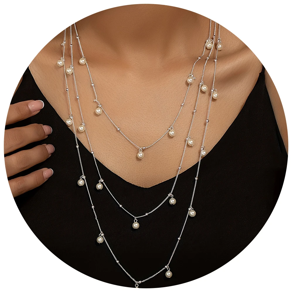 Elegant Fashionable Imitation Pearl Chain Multi-layer Sweater Chain Silver Chain Necklace for Women