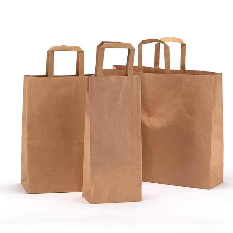Custom print Biodegradable  takeaway brown kraft paper bag logo with flat handles for shopping