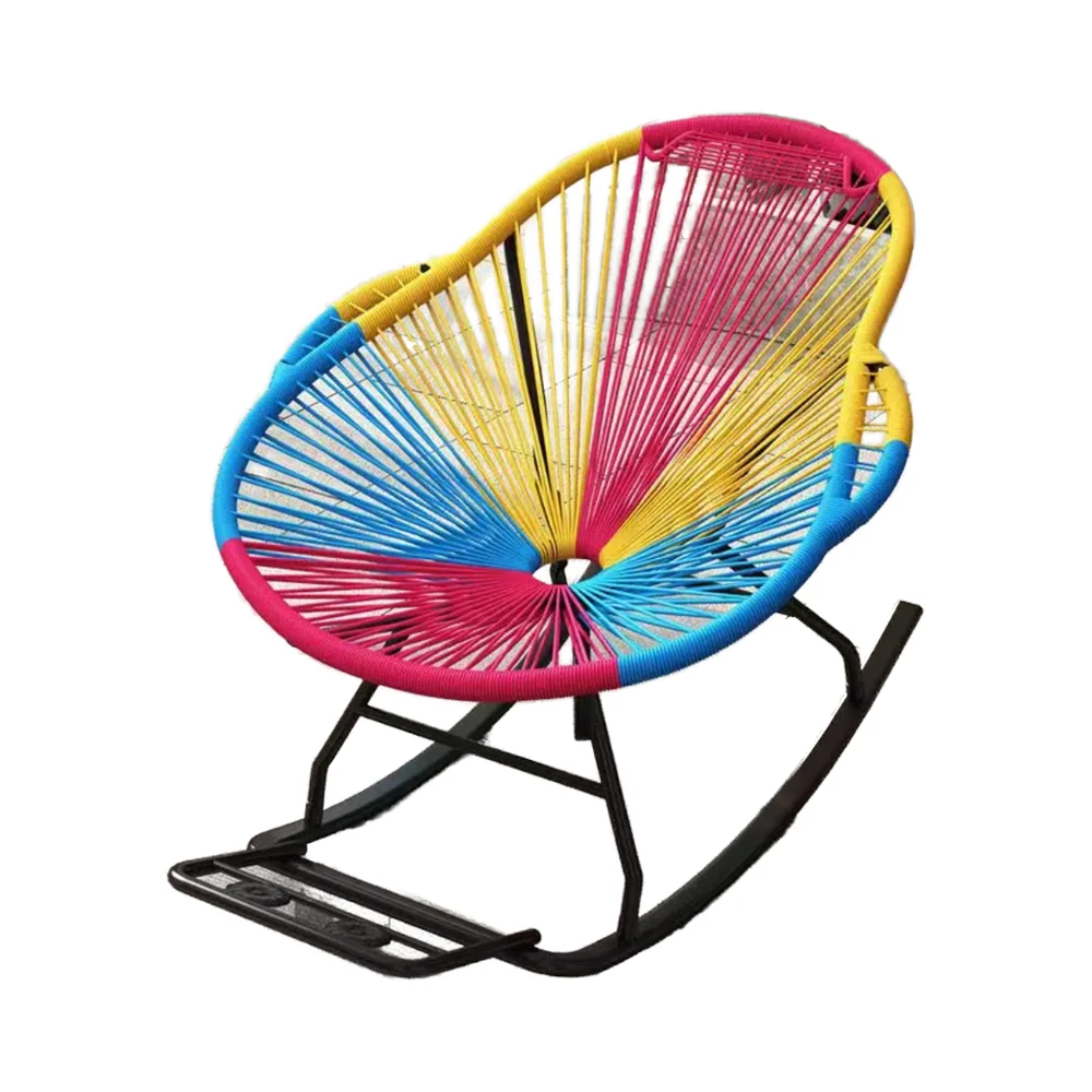 Outdoor furniture rattan wicker chair with foot pedals, fabric colored armrests, low-priced rattan rocking chair