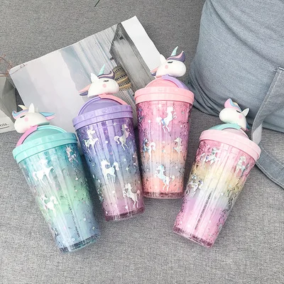 Double Wall  Plastic Water Tumbler With Lid Summer Cute Unicorn Water Bottle With Straw