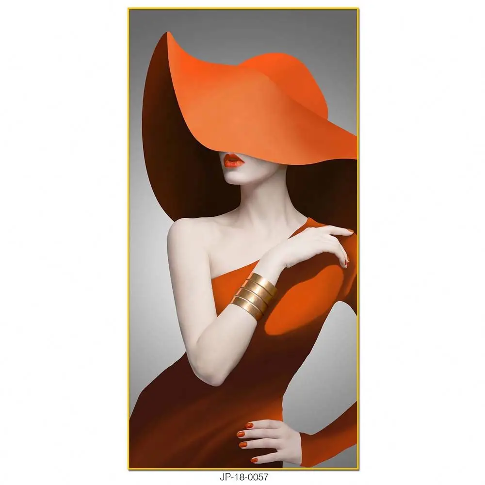 Fashion Portraits Crystal Porcelain Painting of Women Wear Hats in Orange Gold Jewelry Wall Art Prints Frames Home Decor Luxury