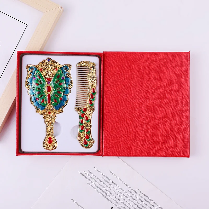 European metal handle mirror alloy palace peacock mirror retro portable vanity cosmetic mirror factory direct sales