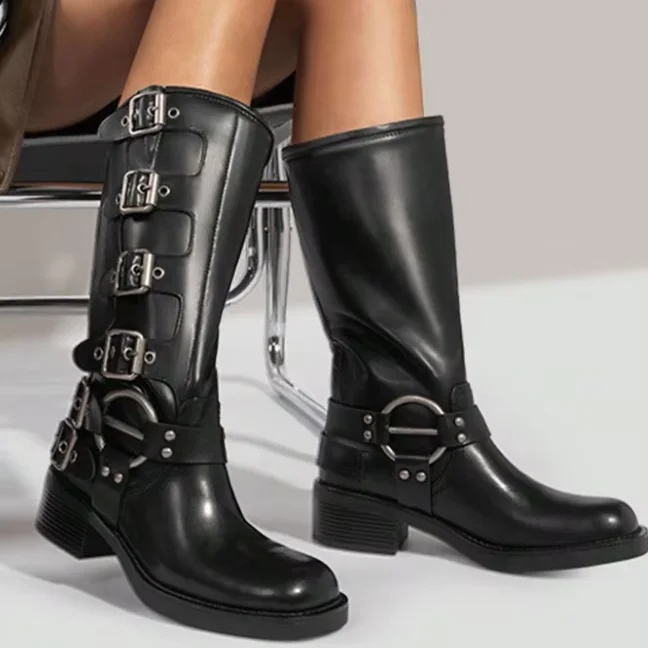 Spring/Summer PU retro no-center thigh-high boots Western boot catwalk belt buckle thick heel Doc Marts women miu home trend
