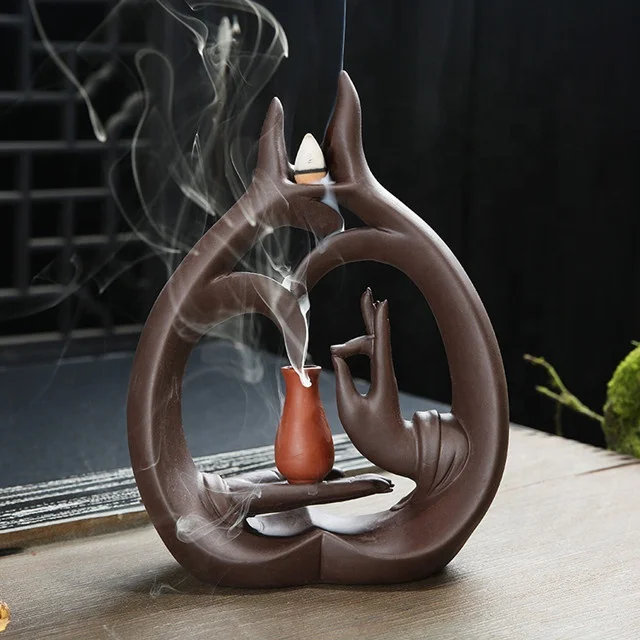 Factory Direct Sale China Censer Creative Buddha Hand Smoke Backflow Incense Burner Lotus Flower Ceramic Incense Holder