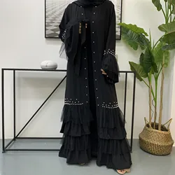 Muslim Women Modest Black Ethnic Clothing Beading Cake Bottom Mesh Design Kimono Cardigan Islamic Chiffon Abaya Dubai
