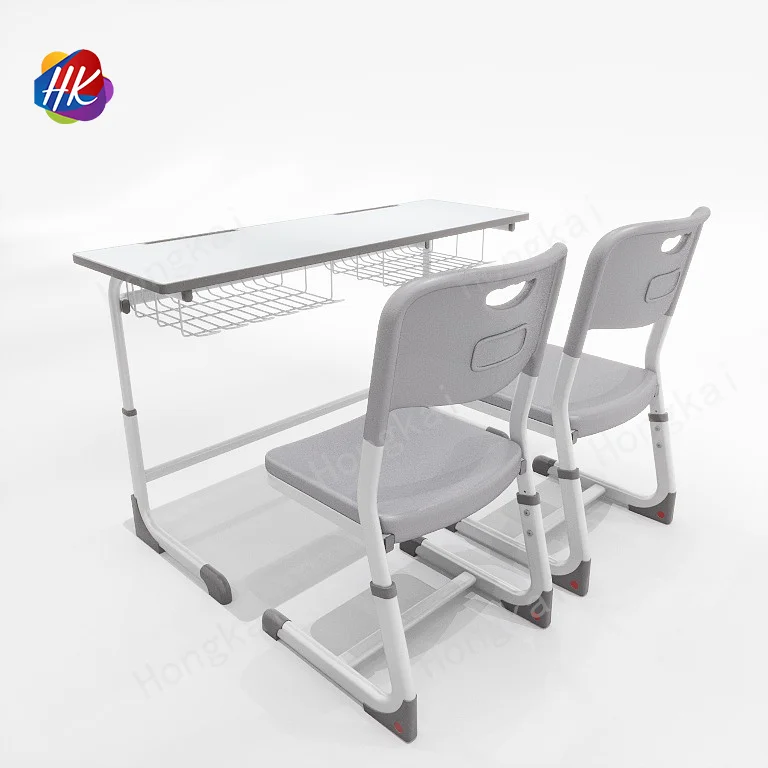 School Furniture Set Double Seat Student Grey Desk and Chair Combination with Durable PP Plastic and Knock-Down Design