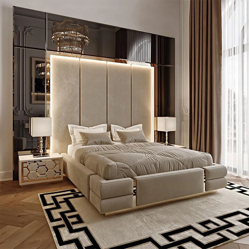 Hot sale super king size bed royal luxury leather bed with high headboard