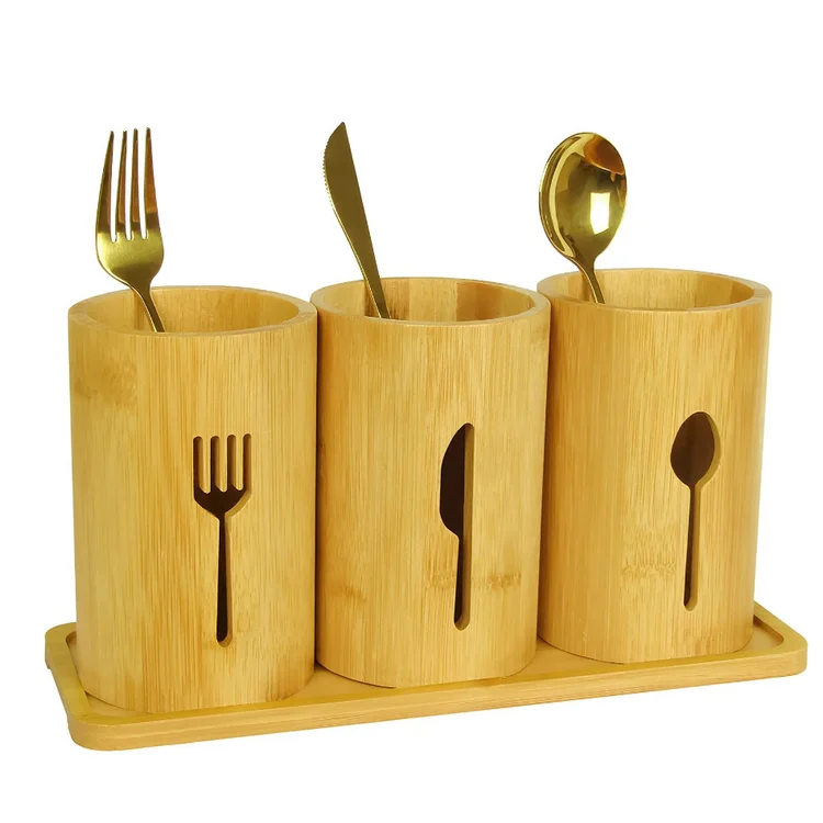 Modern Kitchen Countertop Bamboo Utensil Caddy  Fork Holder Utensil Silverware Holder with Bamboo Tray
