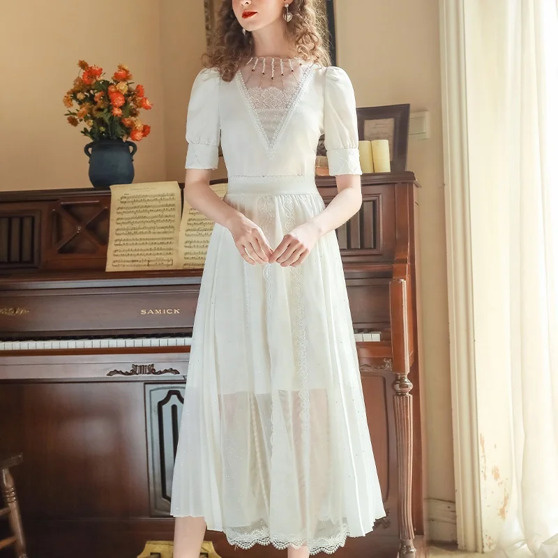 White High Waist A-line Skirt Sequin Pleated Ankle Tulle Skirt Elegant Ladies Skirts