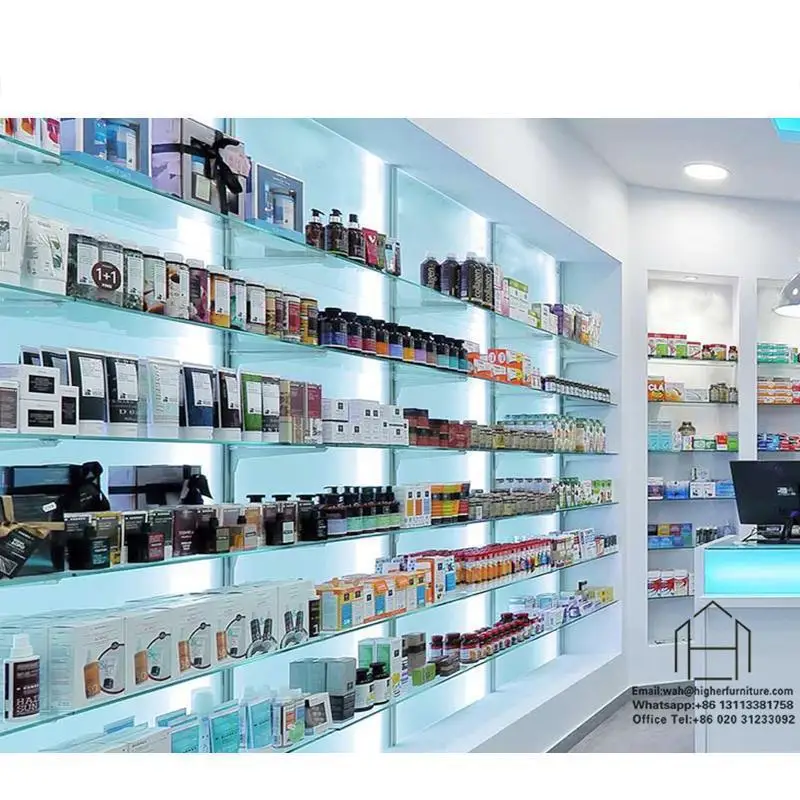 Retail modern shelve pharmacy medical product pharmacy shelves display wood pharmacy counters