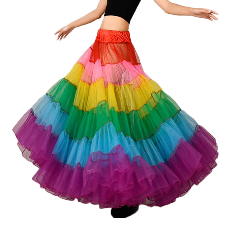 Wholesale Rainbow Color Oriental Belly Dance Performance Half Mesh Fluffy Tutu Skirt dress wear