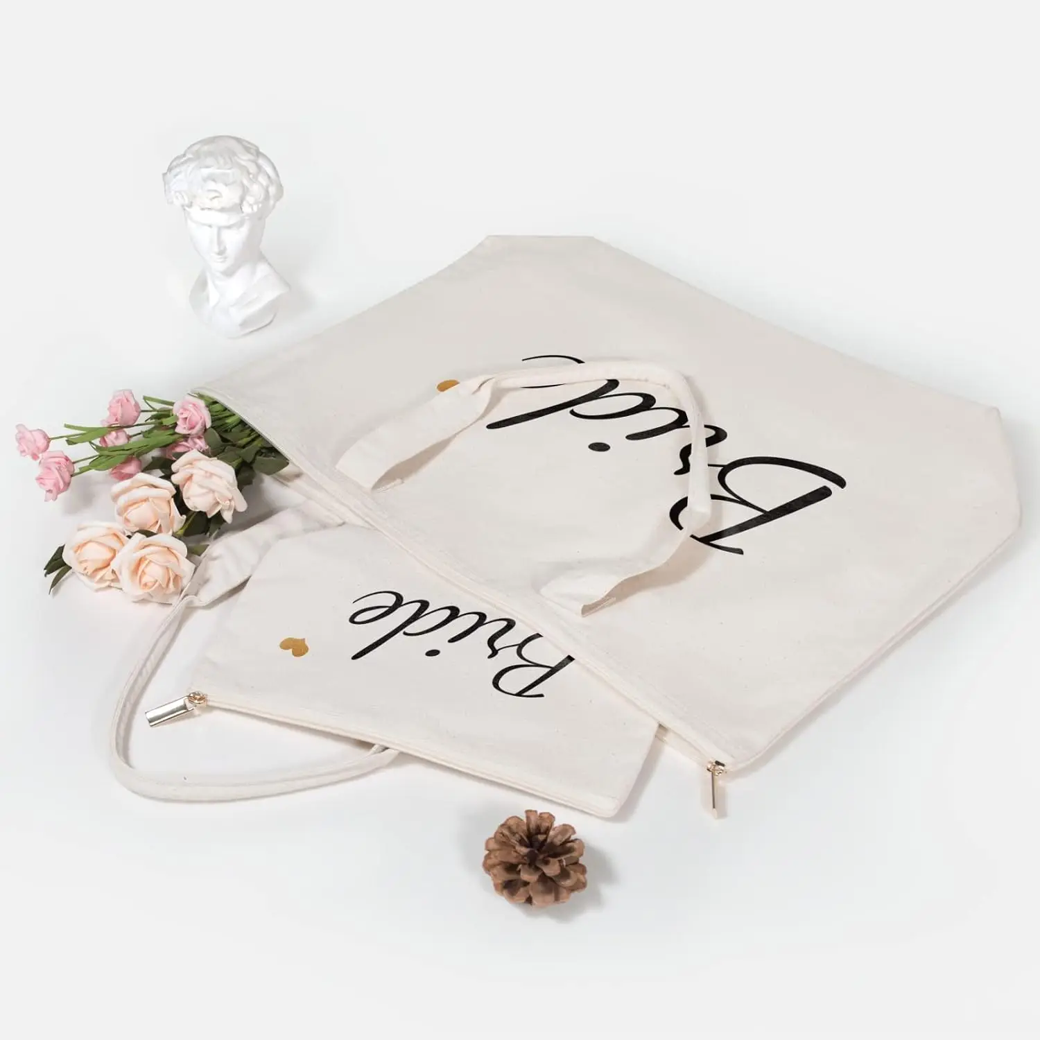 Bride Tote Bag with Makeup Bag Gifts for Engagement Bridal Shower Bachelorette Wedding Party Canvas White Bag