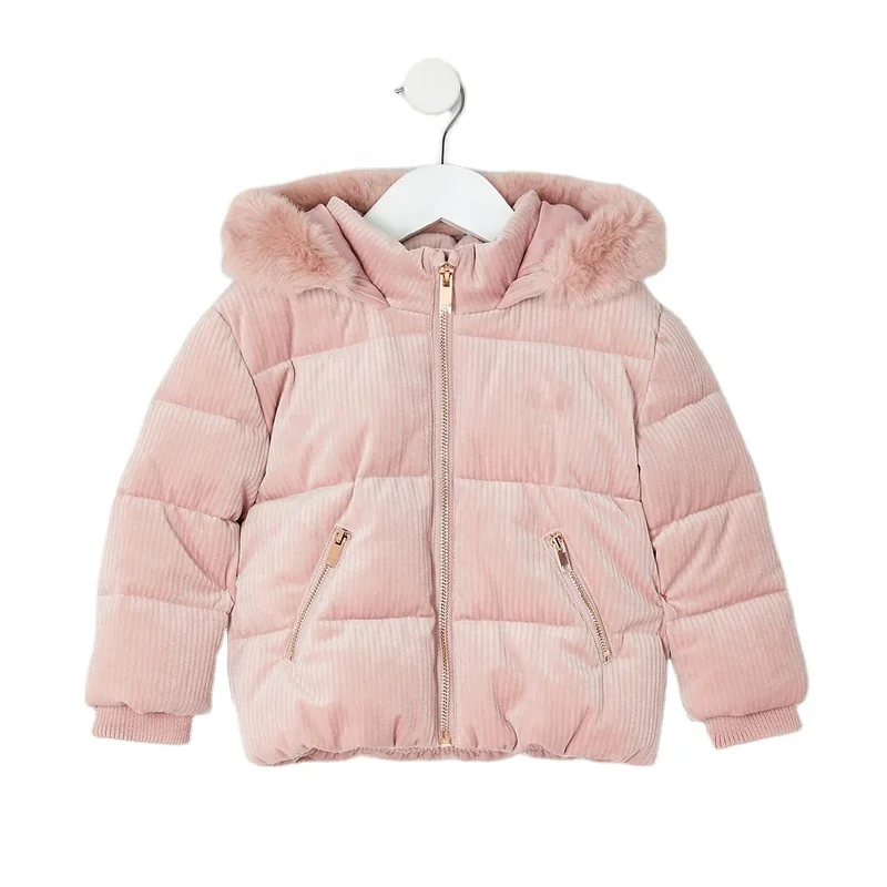 Baby girls pink cord padded coat with detachable faux fur trim hood kids winter thick warm jacket