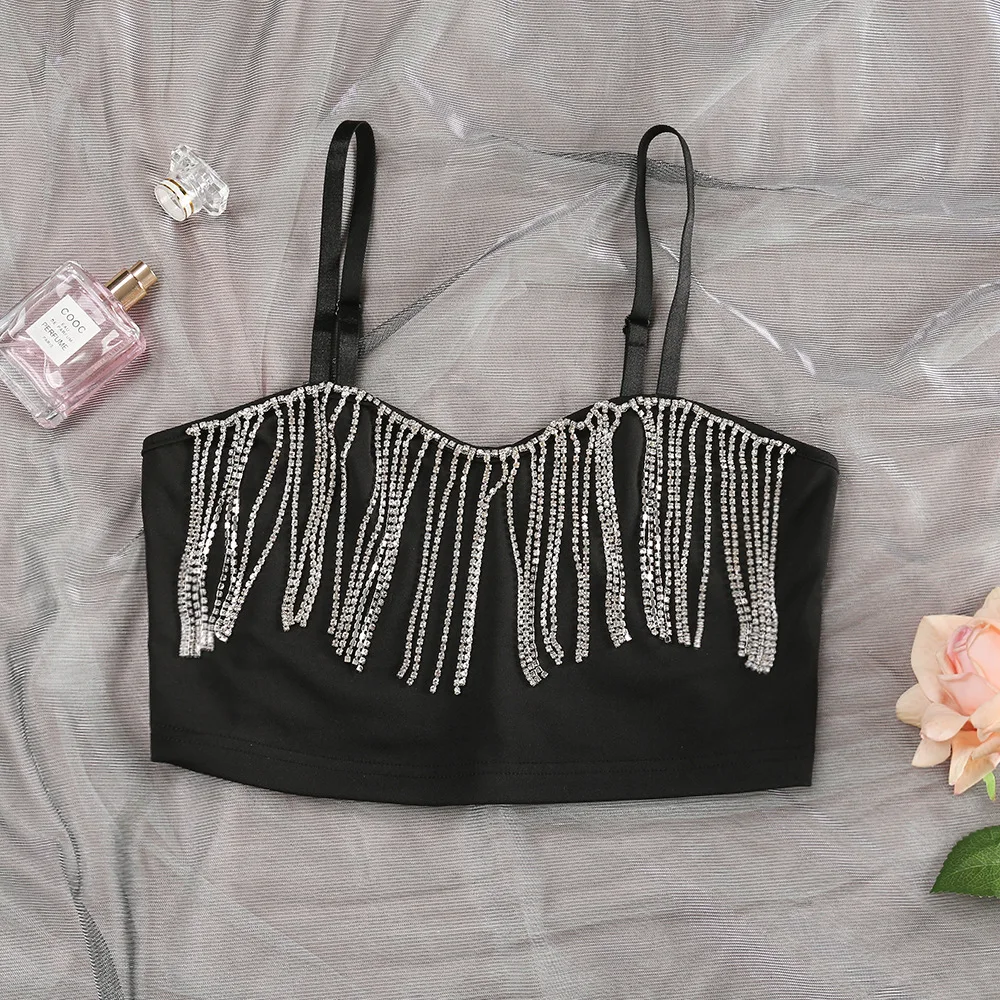 2022 New Arrival Spring Summer Fashionable Rhinestone Tassels Wrap Sexy Crop Top Women Tank Top