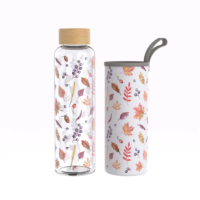 Emode Wholesale bamboo screw lid Bottle High Borosilicate Glass water bottle with Full Mug Printing Bottles