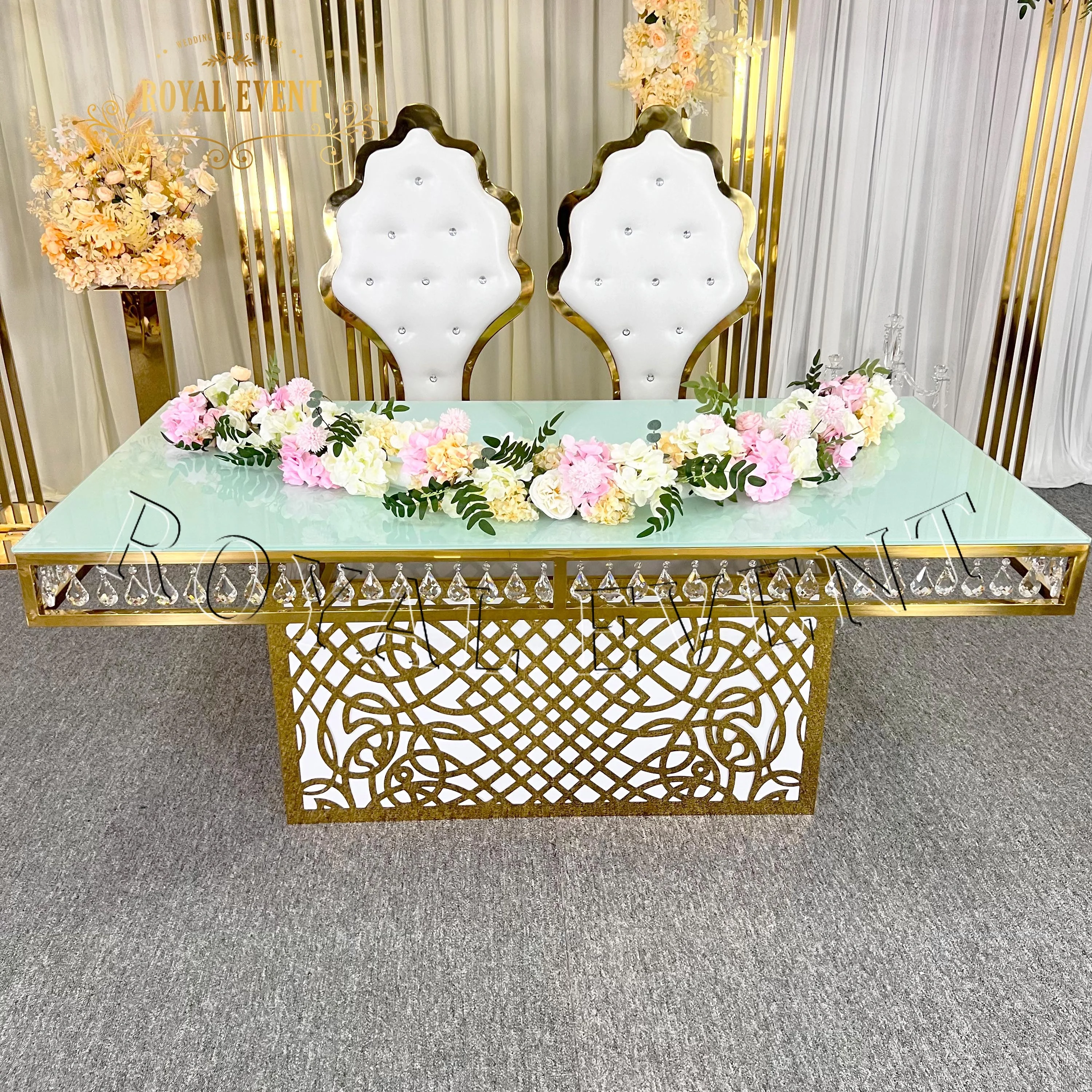High Quality Wedding Furniture Stainless Steel Bridal Crystal Dining Table For Events (1600589767454)