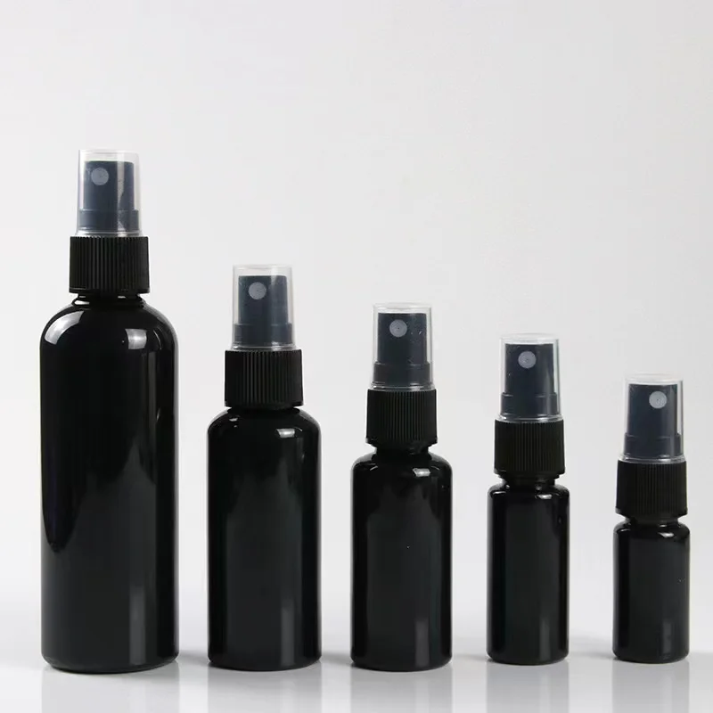 Stock 20ml30ml50ml60ml100mlPET Round fine mist spray bottle Plastic container packed Black cosmetics Custom logo pump sprayer