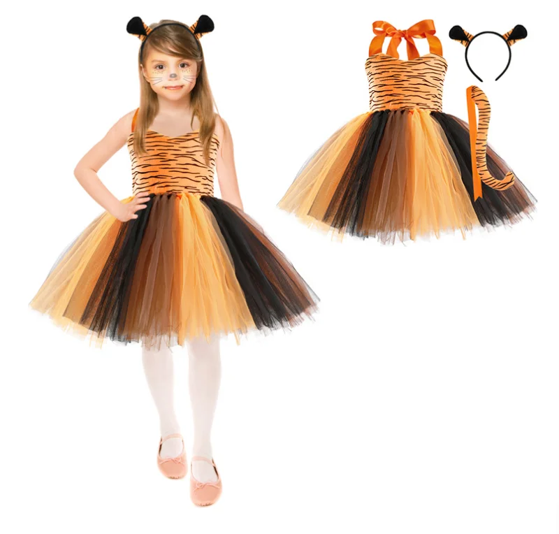 Halloween Jungle Party Animal Costume for Girls 1-10 Years Giraffe Black Cat Leopard Tiger Safari Birthday Dress Tutu