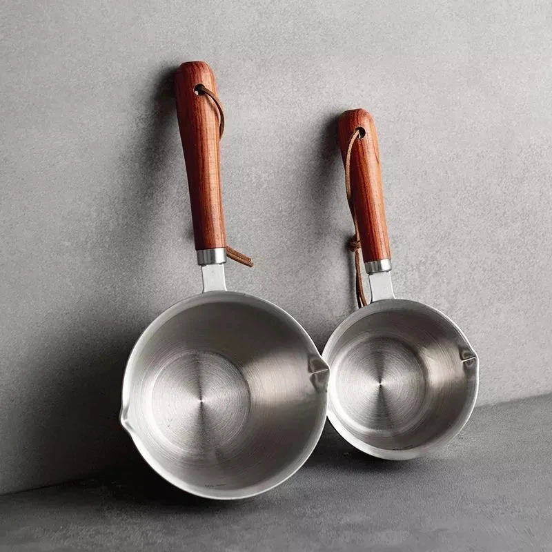 Hot Sell Japanese Style Sauce pan Cookware Amazon Stainless Steel Milk Pot Milk Pan Oil Pan Stock Pots With Wooden Handle